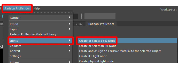 Radeon ProRender → Lights → Create or Select a Sky Nodeを選択